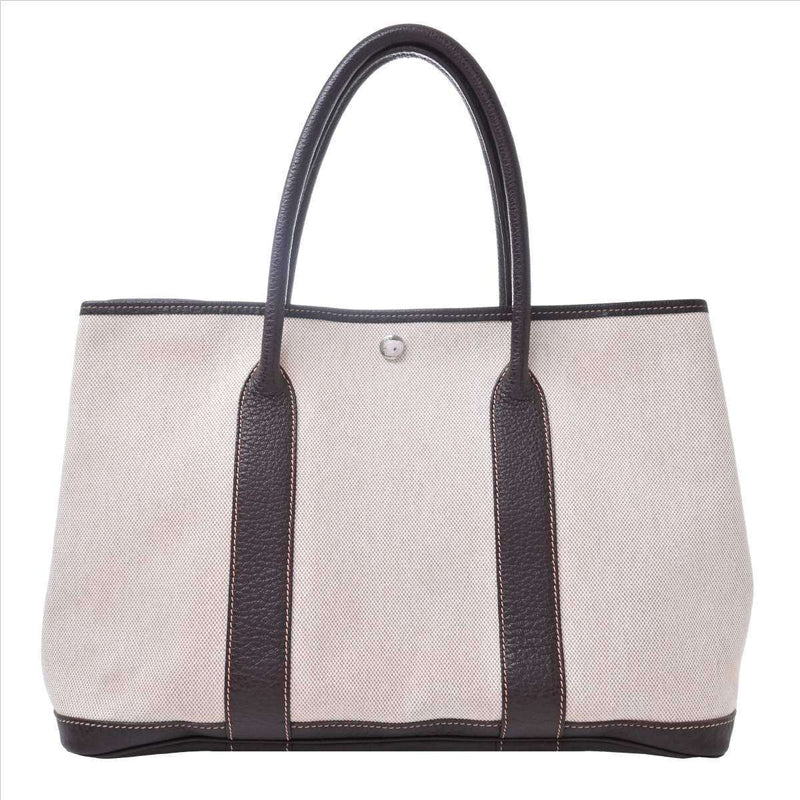 Hermes Garden Womens Toile HNegonda Leather Tote Bag BrownIvory