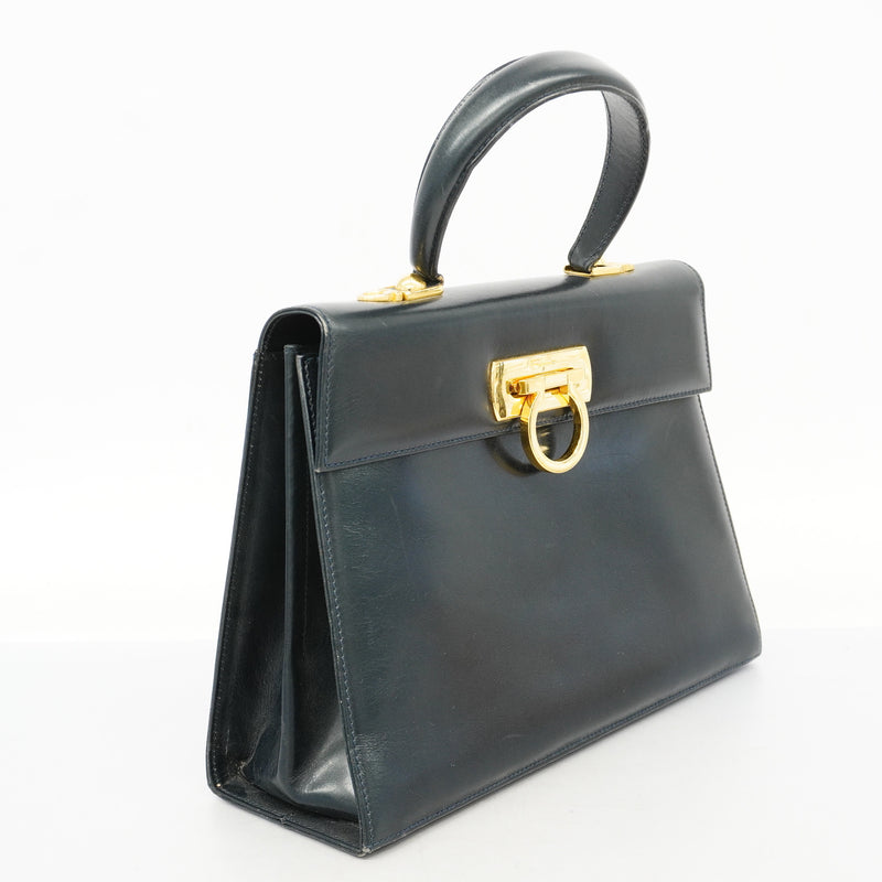 Auth Salvatore Ferragamo Handbag Gancio Leather Black Gold Metal