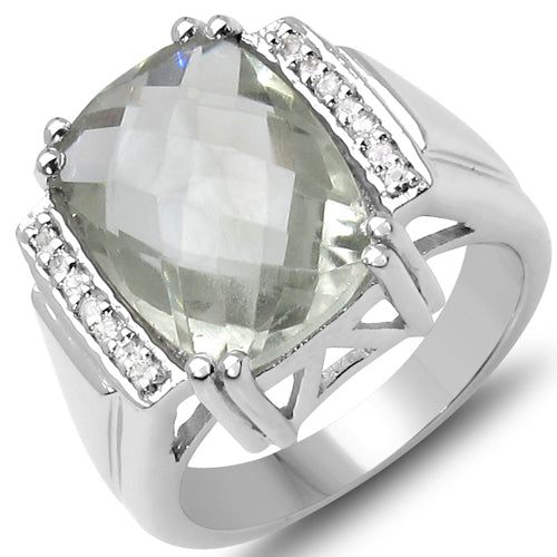 5.67 Carat Genuine Green Amethyst and White Topaz .925 Sterling Silver Ring
