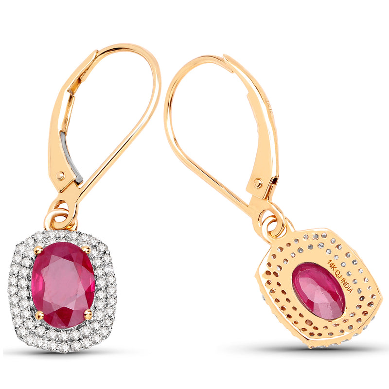 2.26 Carat Genuine Ruby and White Diamond 14K Yellow Gold Earrings