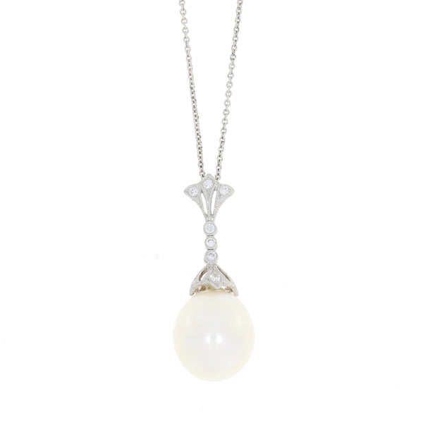 .10ct Fresh Water Pearl Diamond Pendant 18KT White Gold