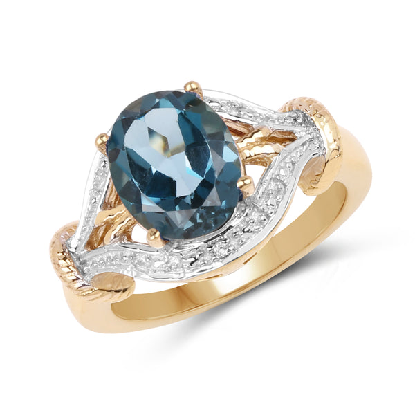 14K Yellow Gold Plated 3.61 Carat Genuine London Blue Topaz & White Topaz .925 Sterling Silver Ring