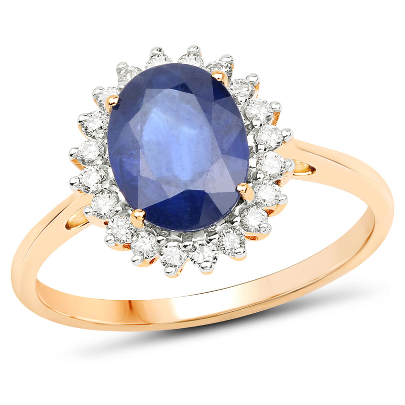 2.45 Carat Genuine Blue Sapphire and White Diamond 14K Yellow Gold Ring