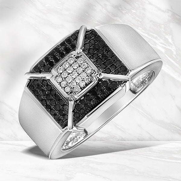 .925 Sterling Silver 3/8 Cttw Composite Enhanced Black and White Diamond Men's Band Ring (H-I, I2-I3) - Size 10