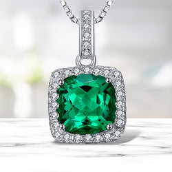 925 Sterling Silver Square Simulated Nano Emerald Pendant Necklace for Women