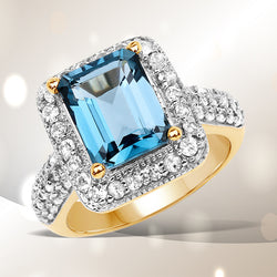 14K Yellow Gold Plated 5.03 Carat Genuine London Blue Topaz and White Topaz .925 Sterling Silver Ring