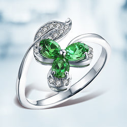 925 Sterling Silver Emerald Three Green Leaf Opening Ring for Women