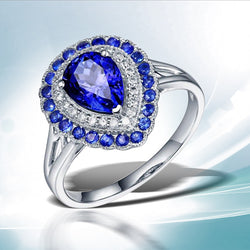 14K White Gold Pear Cut Tanzanite and Sapphire Diamond Ring for Women