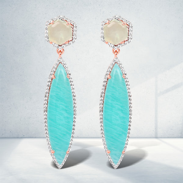 14K Rose Gold Plated 17.14 Carat Genuine Amazonite, Prehnite And White Topaz .925 Sterling Silver Earrings