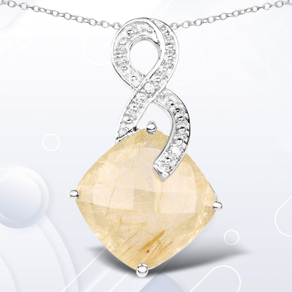 8.81 Carat Genuine Golden Rutile and White Diamond .925 Sterling Silver Pendant