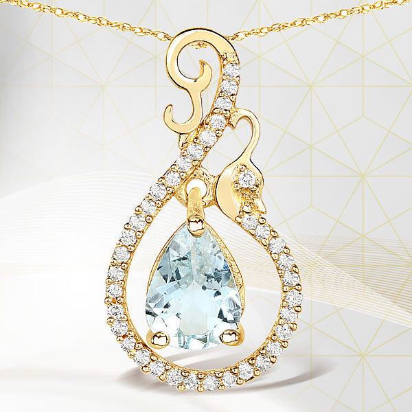 0.76 Carat Genuine Aquamarine and White Diamond 14K Yellow Gold Pendant