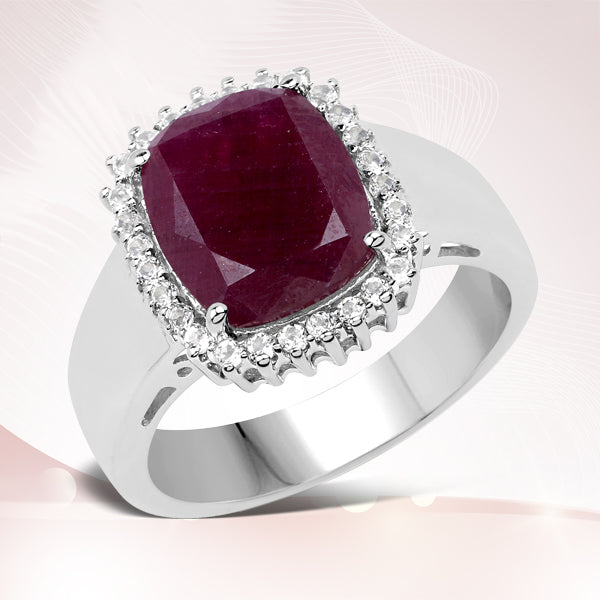 5.28 Carat Genuine Ruby and White Topaz .925 Sterling Silver Ring
