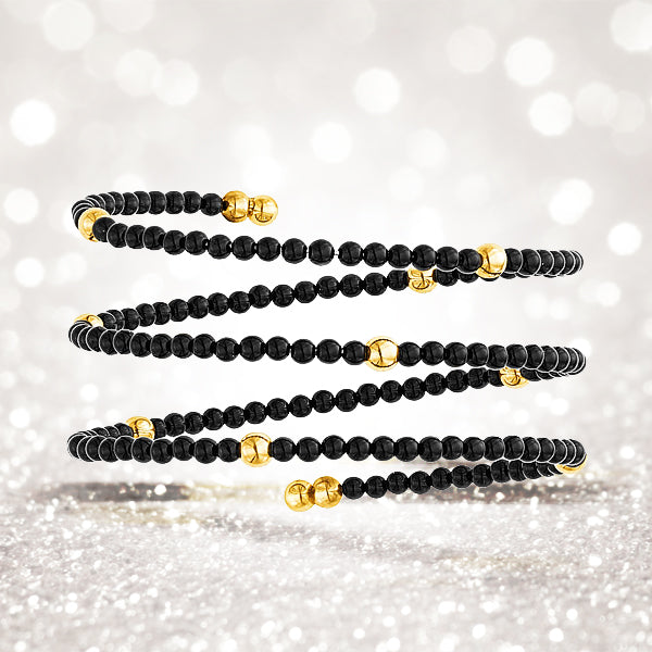 14k Yellow Gold Wrap Around Bangle with Black Onyx and Polished Beads