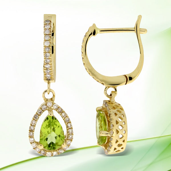 .88ct Peridot Diamond Dangle Earrings 14KT Yellow Gold