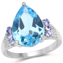 6.86 Carat Genuine Swiss Blue Topaz, Tanzanite & White Topaz .925 Sterling Silver Ring