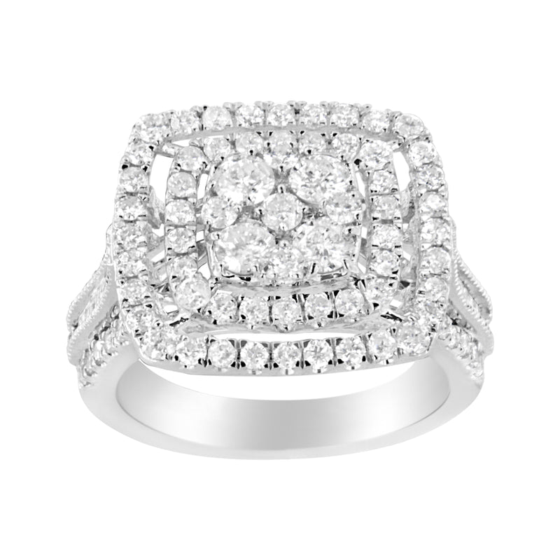 10K White Gold 2 Cttw Brilliant Round-Cut and Baguette Diamond Halo and Cluster Ring (I-J Color, I1-I2 Clarity) - Size 7