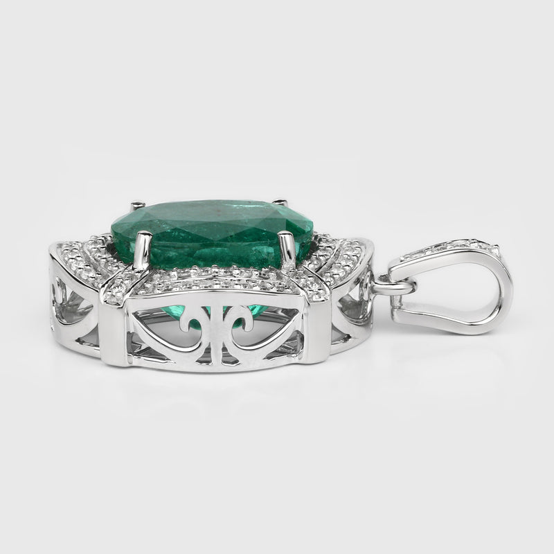 7.61 Carat Genuine Zambian Emerald and White Diamond 18K White Gold Pendant