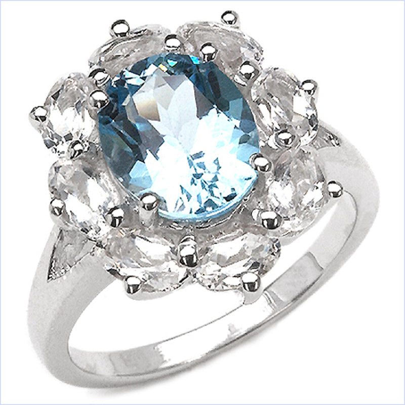 4.79 Carat Genuine Blue Topaz and White Topaz .925 Sterling Silver Ring