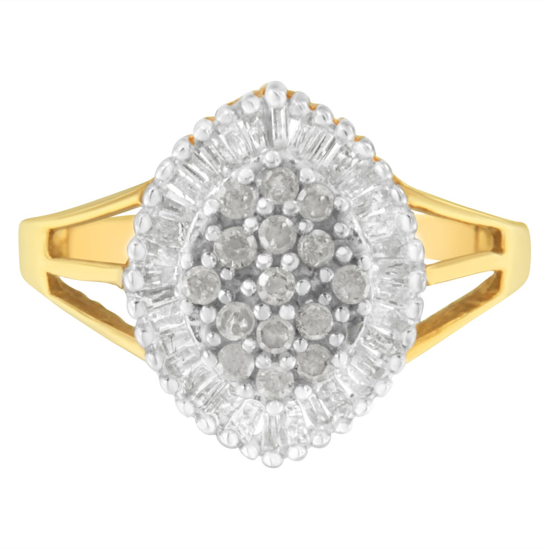 10K Yellow Gold 1/2 Cttw Baguette & Round Diamond Marquise-Shaped Cluster Halo Ring (I-J Color, I3 Clarity) - Size 6
