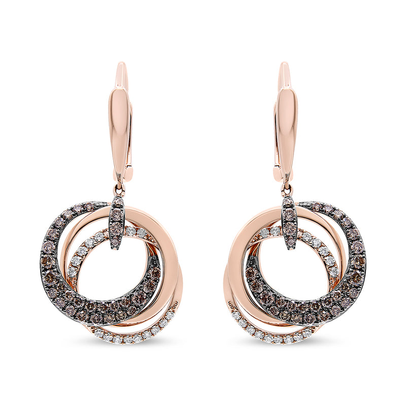 14K Rose Gold 1.00 Cttw White and Brown Diamond Intertwining Hoops and Circle Dangle Earrings (H-I/Brown Color, SI1-SI2 Clarity)