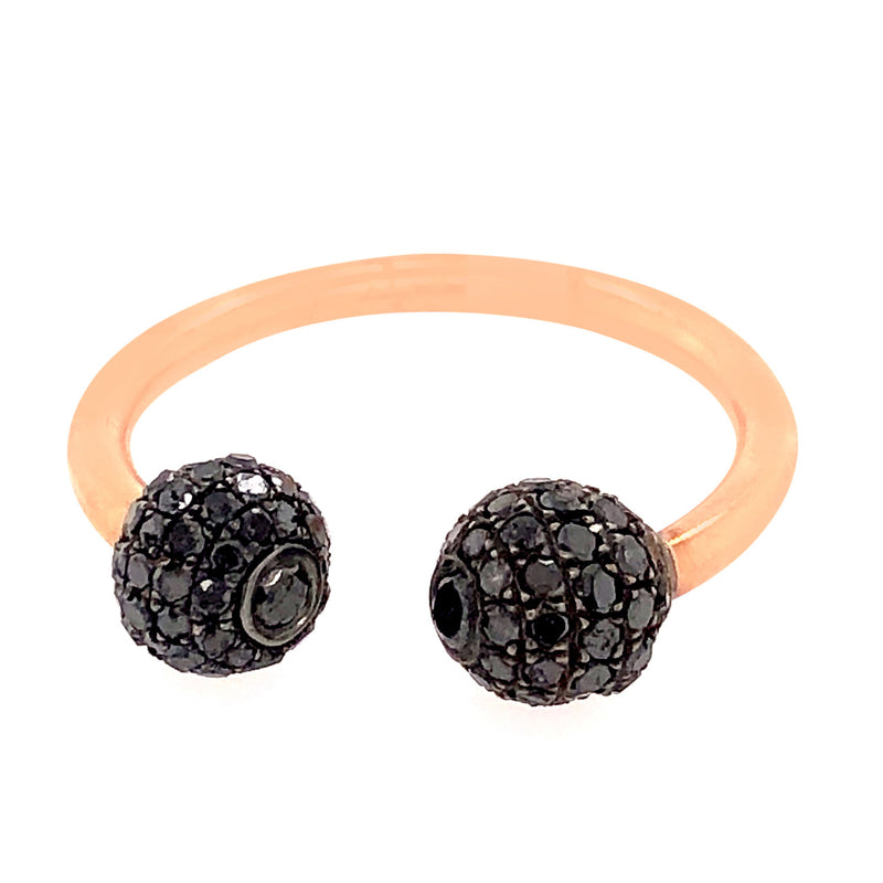 Black Diamond Bead Ball Adjustable Ring 18k Yellow Gold Fine Jewelry Gift