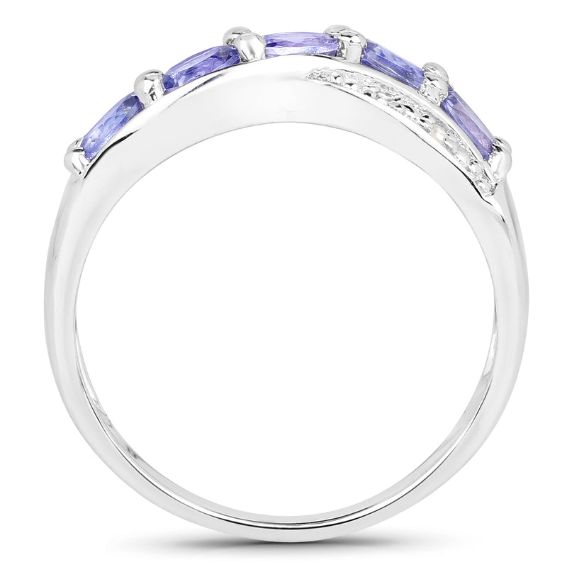 14K White Gold Plated 0.88 Carat Genuine Tanzanite and White Diamond .925 Sterling Silver Ring