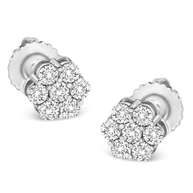 14K White Gold 1/3 Cttw Floral Cluster Diamond Stud Earrings with Screw backs (I-J Color, SI2-I1 Clarity)