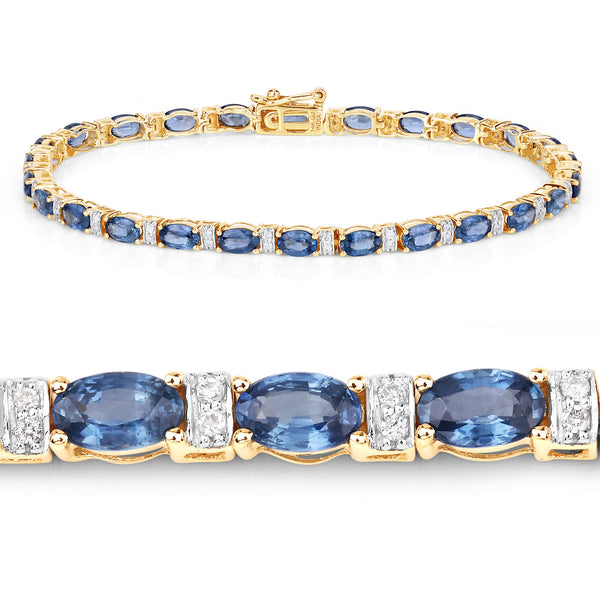 8.07 Carat Genuine Blue Sapphire and White Diamond 14K Yellow Gold Bracelet