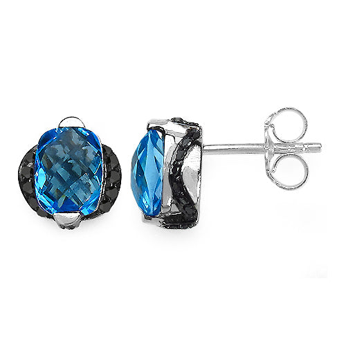 3.74 Carat Genuine Blue Topaz & Black Diamond .925 Sterling Silver Earrings