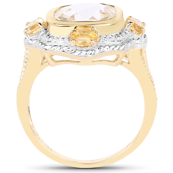 14K Yellow Gold Plated 4.07 Carat Genuine Golden Rutile and Citrine .925 Sterling Silver Ring