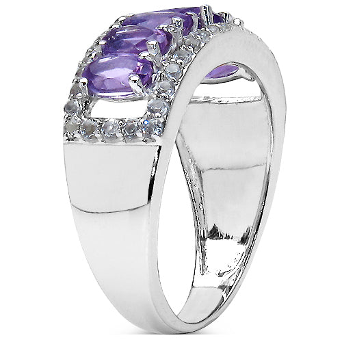 2.17 Carat Genuine Amethyst & White Topaz .925 Sterling Silver 5 Stone Ring