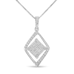 10k White Gold 1/3 Cttw Round and Princess-Cut Diamond Double Triangle 18" Pendant Necklace (H-I Color, SI1-SI2 Clarity)