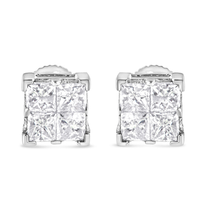 10K White Gold 3/4 Cttw Invisible Set Princess-Cut Diamond Composite Square Stud Earrings (H-I Color, SI2-I1 Clarity)