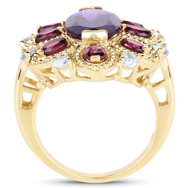 14K Yellow Gold Plated 6.80 Carat Genuine Amethyst, Rhodolite & Blue Topaz .925 Sterling Silver Ring