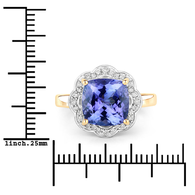 3.71 Carat Genuine Tanzanite and White Diamond 14K Yellow Gold Ring