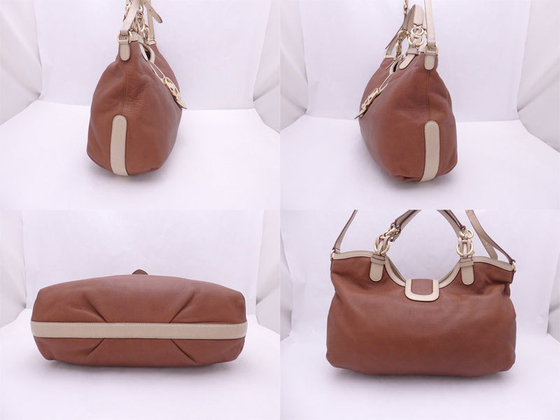 Salvatore Ferragamo 2Way Bag Gancini Brown Beige Leather Gold Hardware Handbag Shoulder Ladies