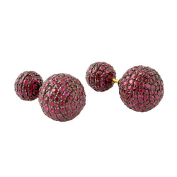 Genuine Ruby Bead Ball Tunnel Earrings 18K Gold Sterling Silver Women's Jewelry