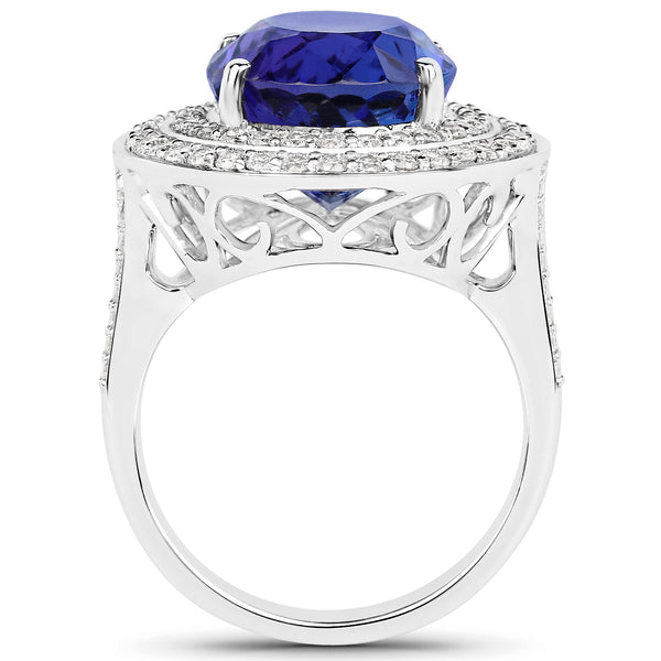 13.78 Carat Genuine Tanzanite and White Diamond 18K White Gold Ring