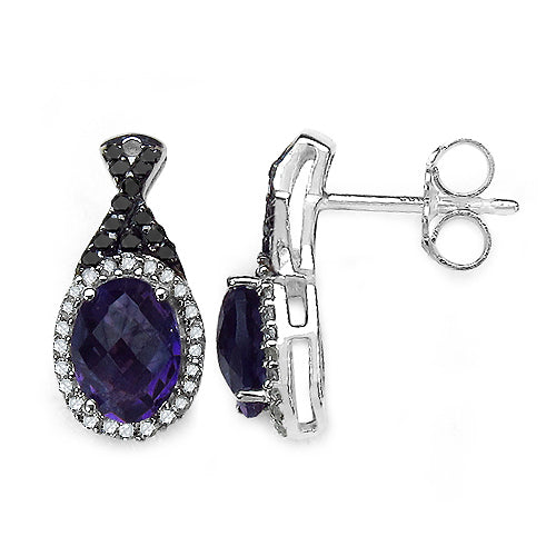 2.71 Carat Genuine Amethyst Black Diamond & White Diamond .925 Sterling Silver Earrings