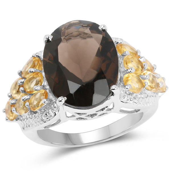 9.74 Carat Genuine Smoky Quartz, Citrine & White Topaz .925 Sterling Silver Ring