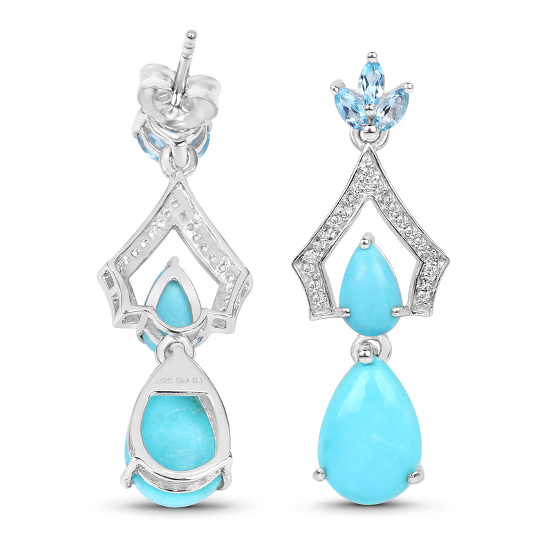 7.05 Carat Genuine Turquoise, Swiss Blue Topaz & White Topaz .925 Sterling Silver Earrings