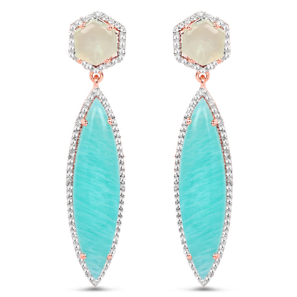 14K Rose Gold Plated 17.14 Carat Genuine Amazonite, Prehnite And White Topaz .925 Sterling Silver Earrings