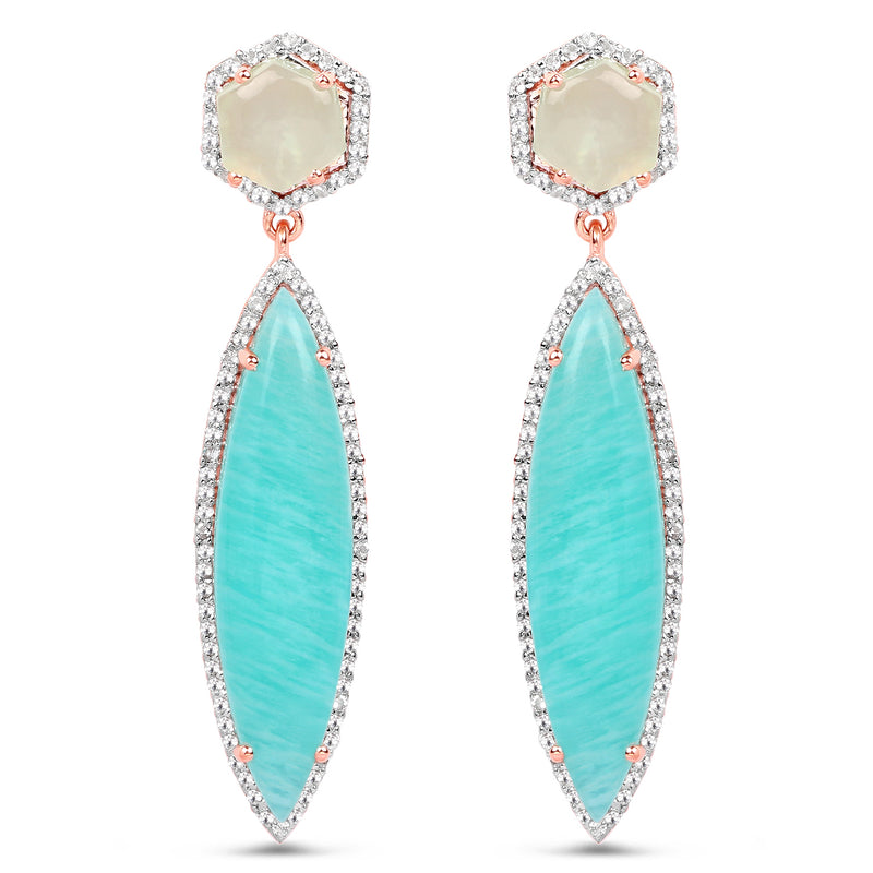 14K Rose Gold Plated 17.14 Carat Genuine Amazonite, Prehnite And White Topaz .925 Sterling Silver Earrings