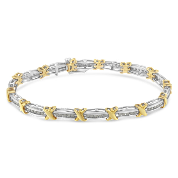 Two-Tone 10K Yellow Gold over .925 Sterling Silver 1.0 Cttw Diamond Channel Set Tapered & X-Link 7" Tennis Bracelet (H-I Color, I2-I3 Clarity)