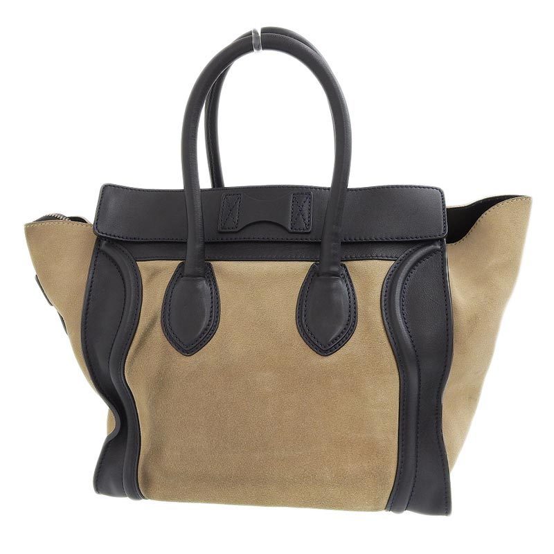 Celine Luggage Mini Shopper Handbag Velor Leather Beige Black