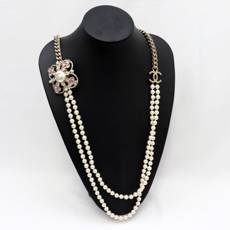 Chanel B17B Pearl Bijou Coco Mark Long Chain Necklace Turn Lock Pink Metal Stone Ladies