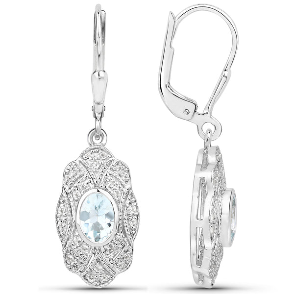 0.96 Carat Genuine Aquamarine and White Topaz .925 Sterling Silver Earrings