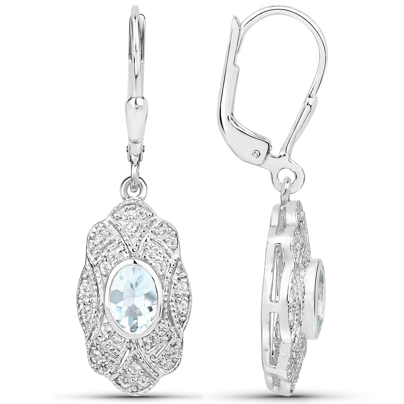 0.96 Carat Genuine Aquamarine and White Topaz .925 Sterling Silver Earrings