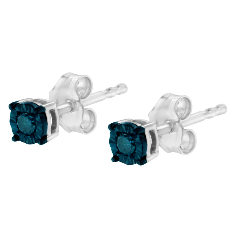 .925 Sterling Silver 1/10 Cttw Round Brilliant-Cut Blue Diamond Miracle-Set Stud Earrings (Fancy Color-Enhanced, I2-I3 Clarity)