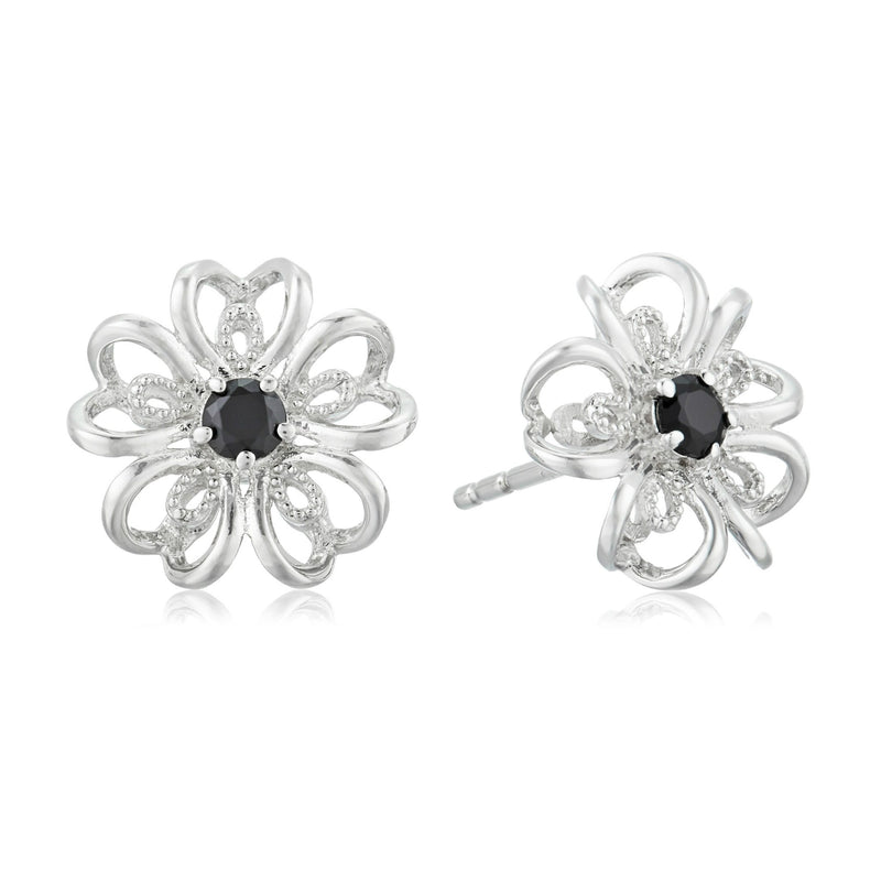 925 Sterling Silver Women Floral Stud Earring Black Spinel